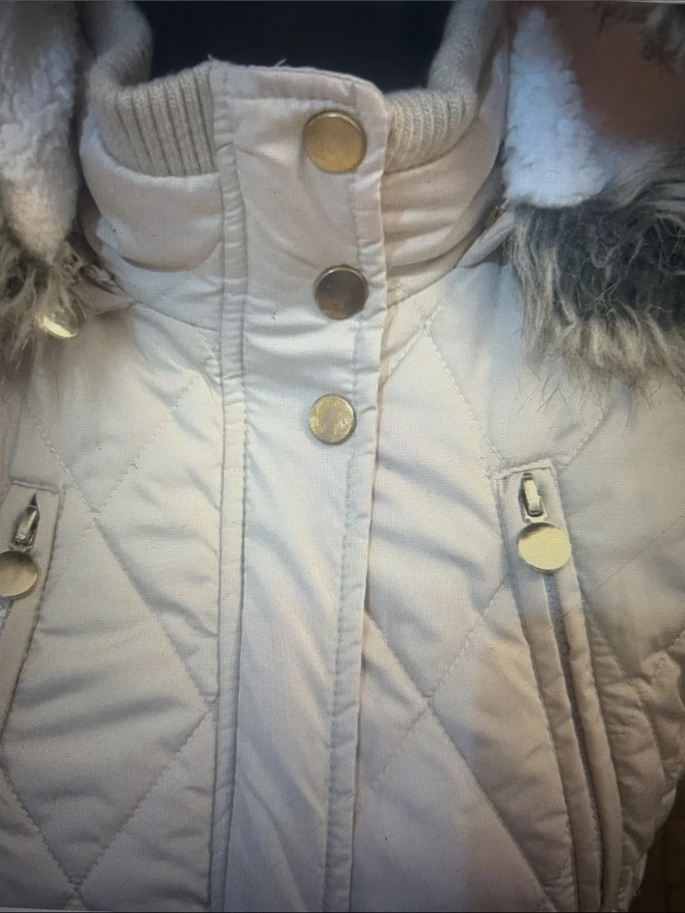 Girls Cream Quilted Hooded Puffer with Faux Fur Trim, Size 14-16